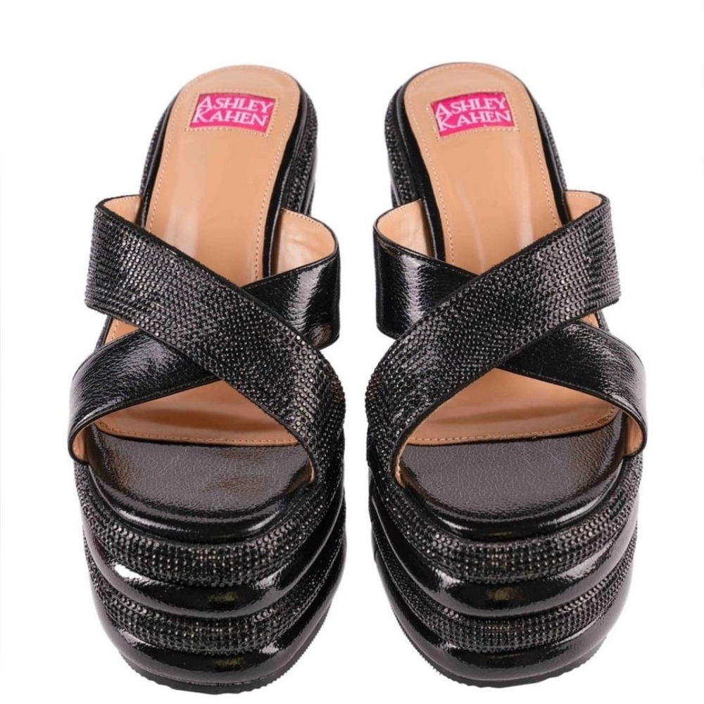 11 Ashley Kahen Carnival Multi Metallic Wedge Slide, Black, Sparkly